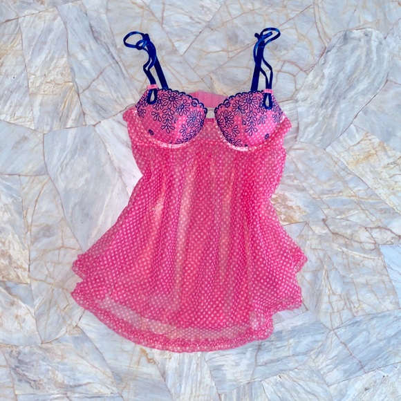 34B Pink Polka Dot Sexy Little Things Flyaway Babydoll Lace Mesh Flyaway - Picture 3 of 9